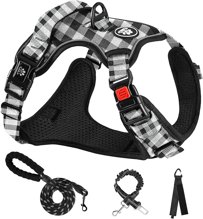 NESTROAD No Pull Dog Harness with Leash, Reflective No Choke Pet Vest Harness,Adjustable Soft Padded Dog Harness with Easy Control Handle for Large Dogs(Checkered Black,Large)