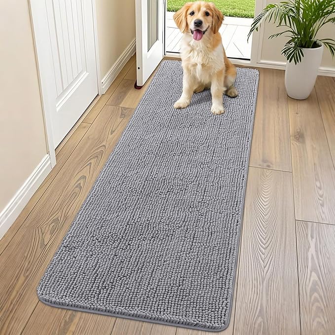 Smiry Dog Door Mat for Muddy Paws 70x24, Absorbs Moisture and Dirt Doormat, Non-Slip Washable Quick Dry Chenille Front Door Mat Indoor Entrance, Entryway Carpet for Inside Floor, Grey