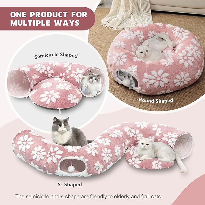 Cat Tunnel for Indoor Cats, Cute Peekaboo Cat Cave with Dangling Balls, Pet Donut Tunnel Bed with Circle Mat for Puppy Kitten Rabbit, Pink