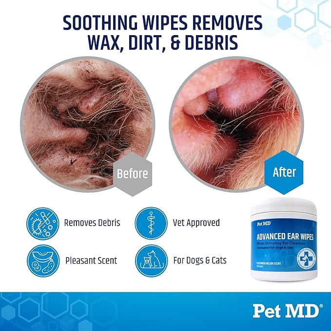 Pet MD Cat and Dog Ear Cleaner Wipes - Advanced Otic Veterinary Ear Cleaner Formula - Dog Ear Infection Treatment - 100 Count