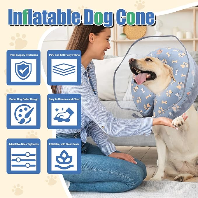 Inflatable Dog Cone Collar, Adjustable Size Soft PVC 2-in-1 Dog Donut Collar After Surgery with Detachable, Inflatable Collar for Small Medium Large Dogs and Cats (Grey, Medium)