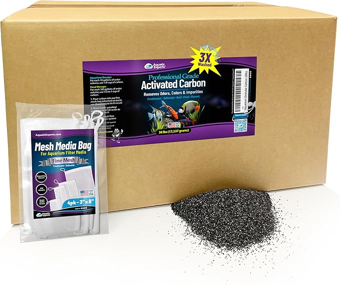 Premium Activated Carbon, Aquarium Carbon for Fish Tank Filter, Aquarium Filter Media, Granulated Charcoal for Fish Tanks, Activated Charcoal Bulk (38 lbs with 4 Pack 5"x9" mesh Bags)