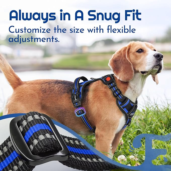 Eagloo Dog Harness Medium Sized, Easy Wearing with 3 Buckles, Adjustable No Pull Pet Harness with 2 Rings for Walking, No Chock Reflective Soft Padded Vest with Control Handle, Blue & Black, M