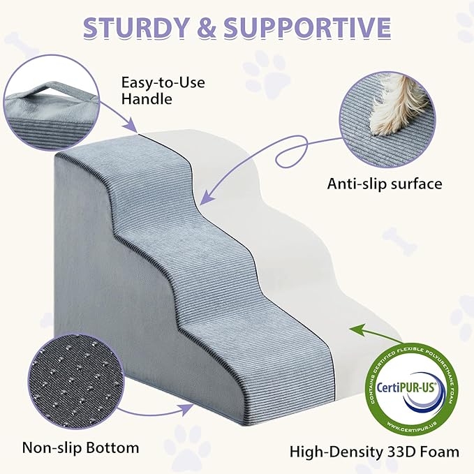 Dog Steps for Bed, 4-Steps Dog Ramp for Bed, Pet Stairs with Highly Supportive Foam and Non-Slip Bottom, Dog Stairs for Large Dogs and Medium Dogs (High 19.7 Inch), Grey