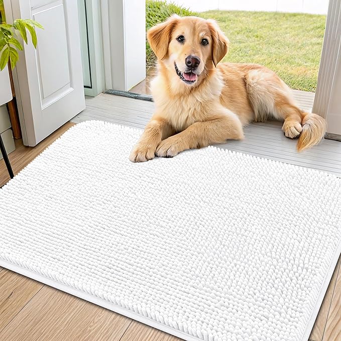 Smiry Dog Door Mat for Muddy Paws 36x24, Absorbs Moisture and Dirt Doormat, Non-Slip Washable Quick Dry Chenille Front Door Mat Indoor Entrance, Entryway Carpet for Inside Floor, White