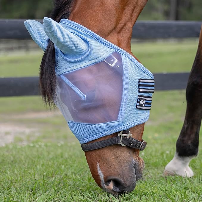Equinavia Algard Soft Mesh Horse Fly Mask with Ear Protection and 45 UPF Rating | No Eye Irritation & UV Protection - Light Blue - Pony
