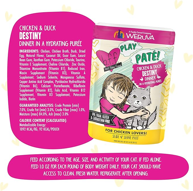 B.F.F. PLAY - Best Feline Friend Paté Lovers, Aw Yeah!, Chicken & Duck Destiny with Chicken & Lamb, 3oz Pouch (Pack of 12)