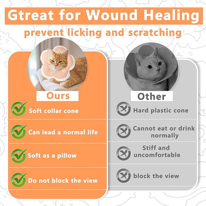 Cat Cone Collar Soft, Waterproof Cats Cones to Stop Licking After Surgery, Adjustable Soft Elizabeth Cats Collars for Wound Healing, Flower Shape Cat Recovery Collar (Pastel Orange, Small)