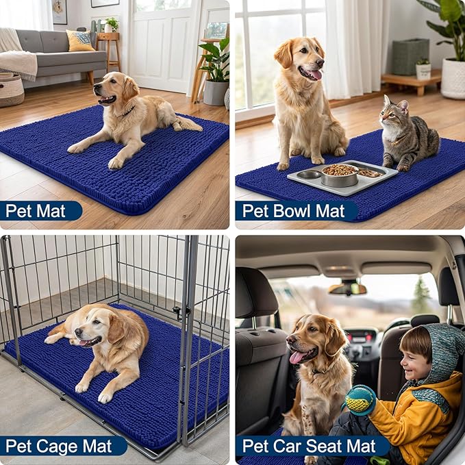 Smiry Dog Door Mat for Muddy Paws 30x20, Absorbs Moisture and Dirt Doormat, Non-Slip Washable Quick Dry Chenille Front Door Mat Indoor Entrance, Entryway Carpet for Inside Floor, Navy Blue