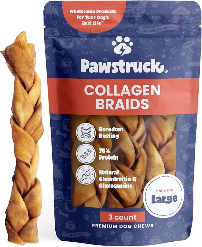 Pawstruck Natural Large 10-13” Beef Collagen Braids for Dogs – Long-Lasting Rawhide & Bully Stick Alternative, with Chondroitin & Glucosamine – 3 Pack