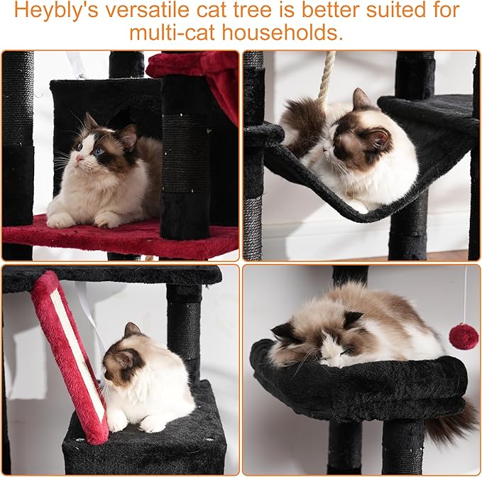 Heybly Cat Tree, 68 inch Multi-Level Cat Tower for Indoor Cats, 2 Widened Plush Perches Cat Condo with Scratching Board and Big Caves, Black and Red HCT025BR