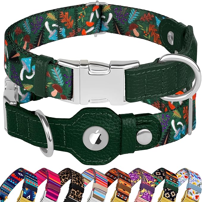 AirTag Dog Collar for Small Medium Large Breed - Adjustable Cute Pattern Dog Collar with Airtag Holder - Soft Leather Tracker GPS Apple Air Tag Pet Collars (Large, 17"-21" Neck Fit, Mushroom)