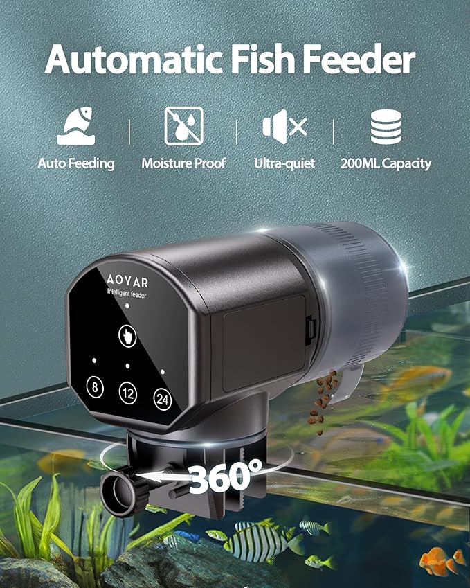 Automatic Fish Feeder Dispenser for Aquarium: 200ml Large Capacity Auto Feeders for Small Tank Turtle Betta Koi - Battery Food Feeding Timer for Flakes Pellet Vacation Weekend Day