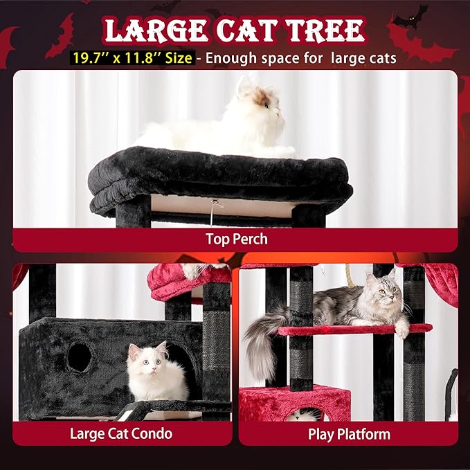 Gothic Cat Tree for Large Cats, 78.7"(200cm) Tall Cat Tower for Indoor Cats Multiple Cats with Large Top Perch, Cat Condo, Cat Hammcok, Cat Scratching Post, Black and Red GCT031BR