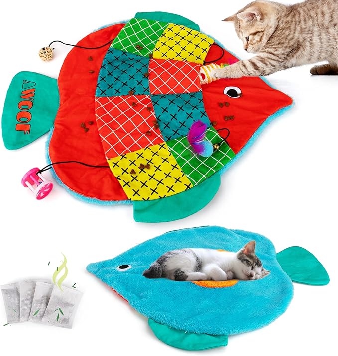 AWOOF Cat Mat, Cute Soft Catnip Mat, Cat Activity Mat Machine Washable Catnip Toys Interactive Cat Toys for Indoor Cats (Fish Shape)