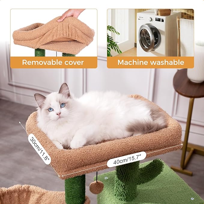 Cactus Cat Tree Small Cat Tower with 32 Inches Scratching Post with Cats Condo House, Cozy Hammock and Removable Top Bed and Dangling Ball for Indoor Cats-34” Green