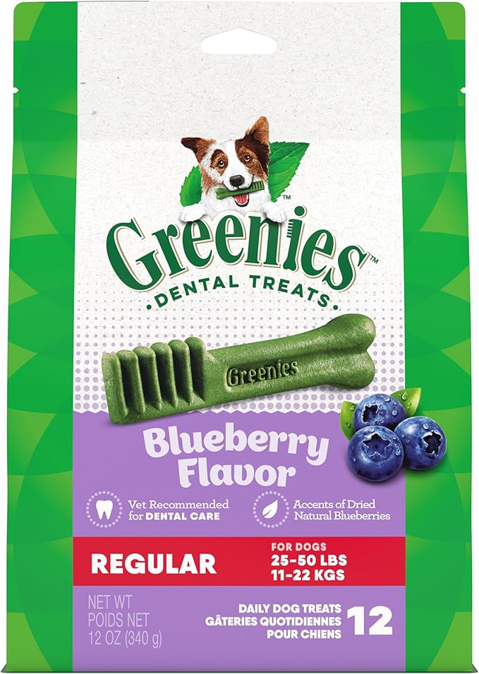 Greenies Regular Dental Dog Treats, Blueberry Flavor, 12 oz. Pack (12 Treats)
