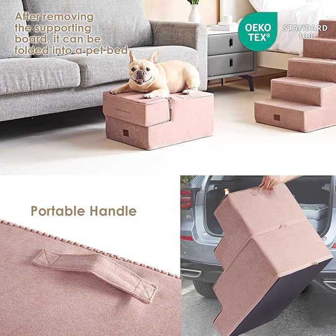 EHEYCIGA Dog Stairs for Small Dogs 13.5" H, 3-Step Dog Steps for Couch Sofa and Chair, Pet Steps for Medium Cats, Non-Slip Balanced Pet Ramp Indoor, Pink