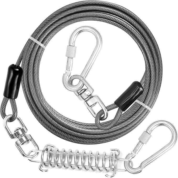 Jenico Dog Tie Out Cable - 10/15/20/30/40/50/70/100/150FT Runner Cable with Swivel Hook and Shock Spring, for Small to Medium Pets Up to 500 LBS