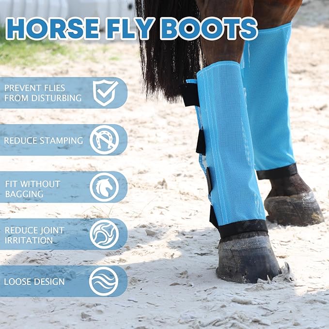 Premium 4-Pack Horse Fly Boots & Leggings Loose-Fit Fine Mesh with Stay-On Fasteners, Support Strips & Anti-Stomp Design Breathable Non-Slip Protection Leg Wrap (Large) Sky - Blue