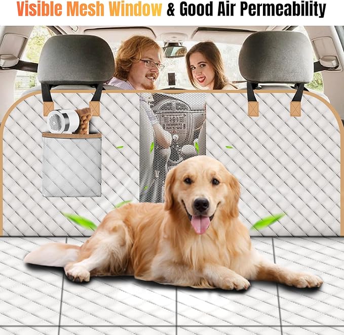 Dog Car Seat Cover for Back Seat, Dog Car Bed Cover with Strong Hard Bottom, Car Back Seat Extender Hammock for Car SUV Truck 4 Panels Beige Color