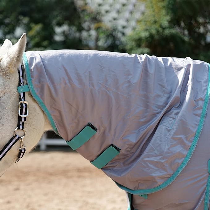 Horse Fly Sheet with Detachable Neck Cover & Belly Wrap, Adjustable Fly Sheet for Horses, Ventilated Airflow Mesh Equine Cooling Summer Flysheet Grey 66