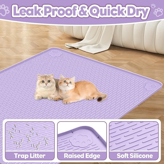 Cat Litter Mat, Extra Large 40" x 28" Silicone Mat Litter Trapping Mat for Scatter Control, Soft on Kitty Paws, Easy to Clean (Purple)