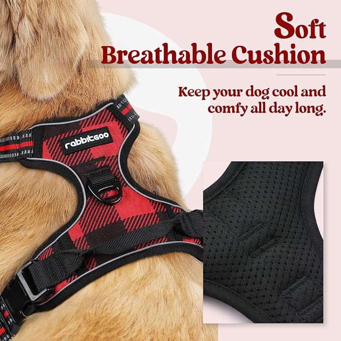 rabbitgoo Dog Harness No Pull with 2 Leash Clips, Adjustable Soft Padded, Reflective Oxford No Choke Pet Vest with Easy Control Handle for Medium Sized Dogs, Red Plaid, M