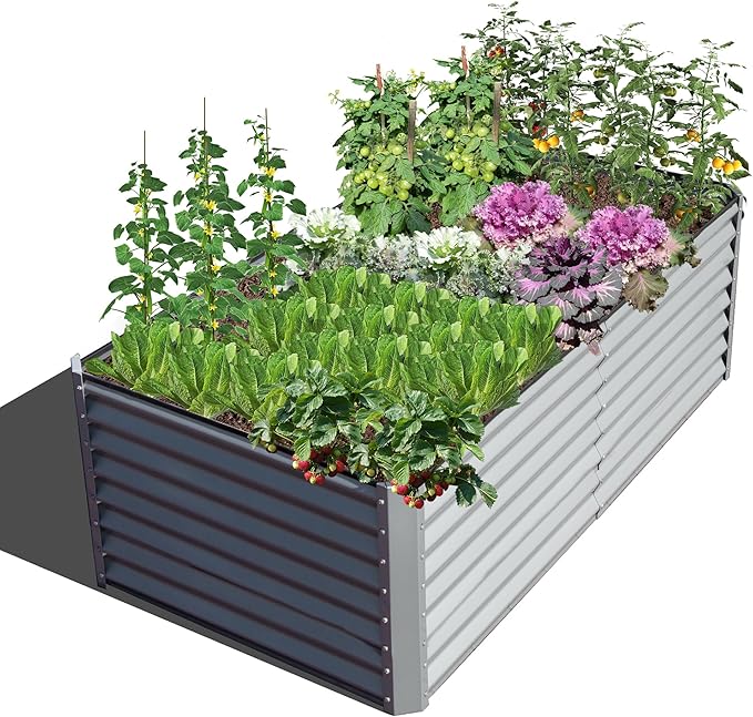 Domi Raised Garden Beds Outdoor, 6x3x2ft Thickening Tall Metal Rectangular Deep Root Box Planter for Vegetables, Flowers, Herbs, and Succulents 2" Deep w/ 256 Gallon Capacity - Silvery