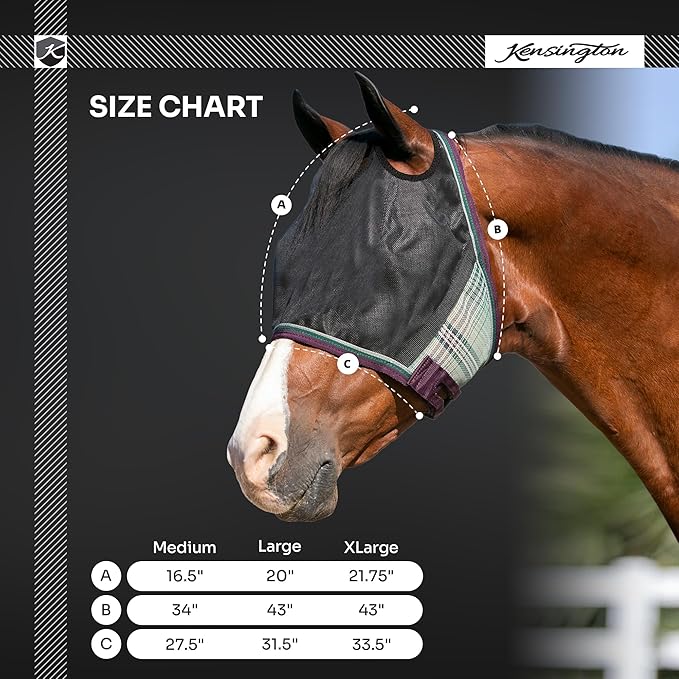 Kensington 90% UV Fly Mask Halter CatchMask UViator - Without Ears & Forelock Freedom Web Trim *Roomy Fit*- Large, Desert Sand