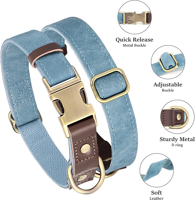 Didog Soft PU Leather Dog Collars for Medium Dogs,Classic Adjustable Dog Collars with Quick Release Metal Buckle,Easy Clean and Comfortable with Nylon Lining,Denim Blue,M Neck 13-19"
