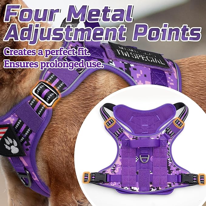 rabbitgoo Tactical Dog Harness for Large Dogs, No Pull Military Service Vest with Handle & Molle, Easy Control for Training Walking, Adjustable Reflective Straps, Purple Camo, XL