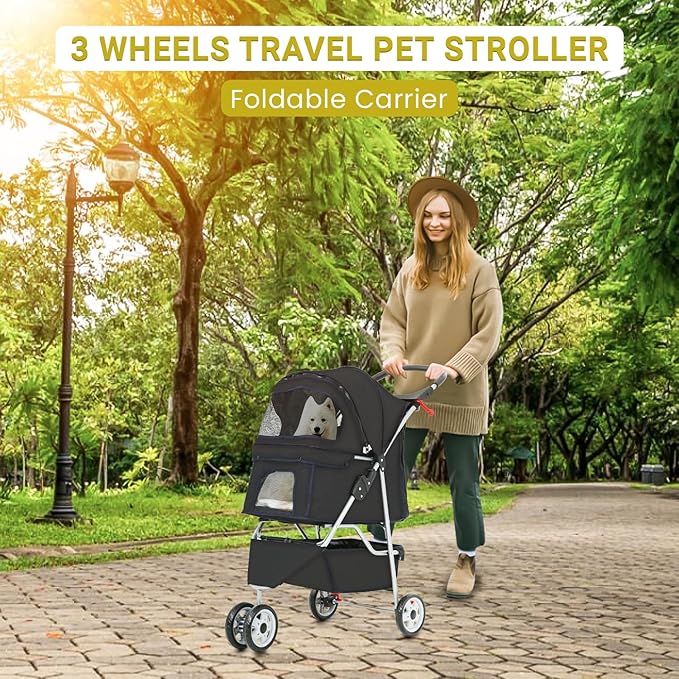 Pet Stroller Dog Stroller Portable Travel 3 Wheel Foldable Cat Stroller with Storage Basket and Cup Holder for Small and Medium Cats,Dogs,Puppy,Black