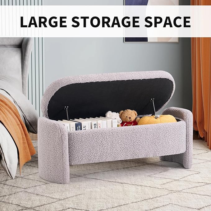 48 Inch Lamb Fleece Oval Storage Bench Upholstered Ottoman Bench with Storage, Bedroom Bench with Large Storage Space, for Bedroom Living Room Entryway, Grey