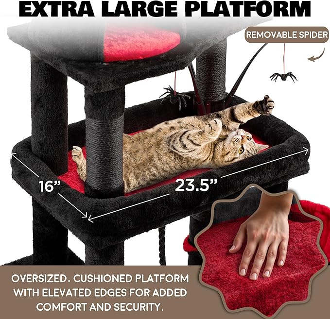Large Cat Tree Tower for Large Cats, Cat Scratching Post, Self Grooming Post, Interactive Cat Toys, Oversized Perch and Basket, Heavy Duty 72", Black and Red