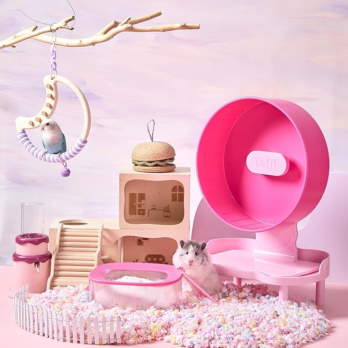 Quiet Hamster Wheel 10.2 Inch Dual-Bearings Silent Small Animals Running Exercise Wheel Height Adjustable for Syrian Hamsters, Gerbils, Rats, or Other Small Pets, Raspberry Pink