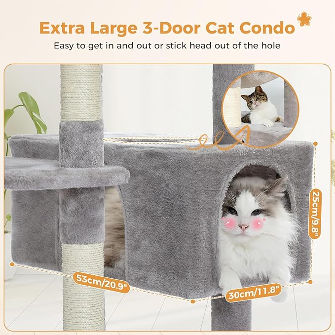 PAWZ Road Large 72 Inch Cat Tree and Tower for Indoor Cats - With Sisal-Covered Scratching Posts, Padded Perches, Condos, and Basket - Gray