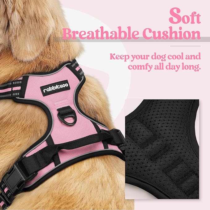 rabbitgoo Dog Harness No Pull with 2 Leash Clips, Adjustable Soft Padded, Reflective Oxford No Choke Pet Vest with Easy Control Handle for Large Dogs, Pink, XL