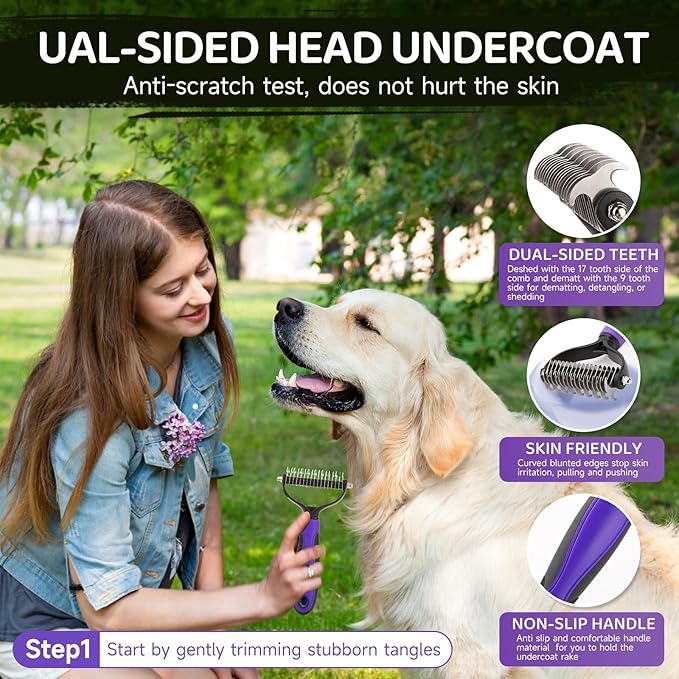 Dog Brush Kit – 3 PCS Grooming Set with Self-Cleaning Brush, Undercoat Rake & Pet Bath Brush. Great for Shedding, Tangles & Dirt Removal – Ideal for Long & Short Haired Dogs & Cats, Purple