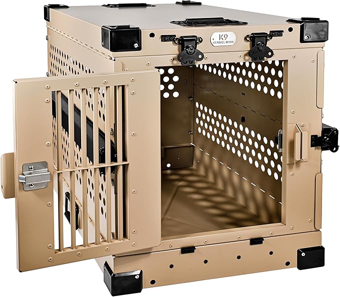 Heavy Duty Fully Collapsible Powder-Coated Aluminum Dog Crate - Small (Tan)