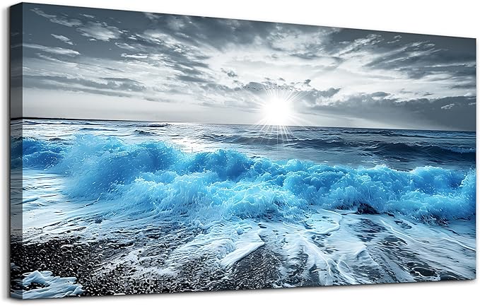 Lapremoly Large Canvas Wall Decor For Office Framed Wall Art For Living Room Blue Beach Painting Ocean Sea Waves Wall Pictures Bedroom Home Decorations Prints Posters Mural Artwork Ready to hang