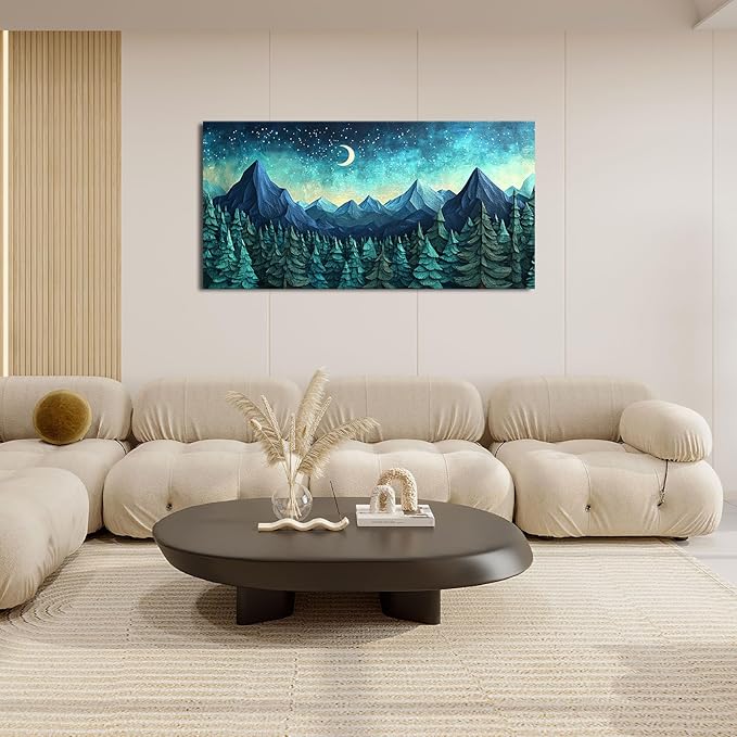 Quorin Abstract Mountain Large Wall Art Forest Moon Starry Night Sky Pictures Nature Landscape Wall Decor Canvas Print Painting Artwork for Bathroom Living Room Bedroom 30"x60"