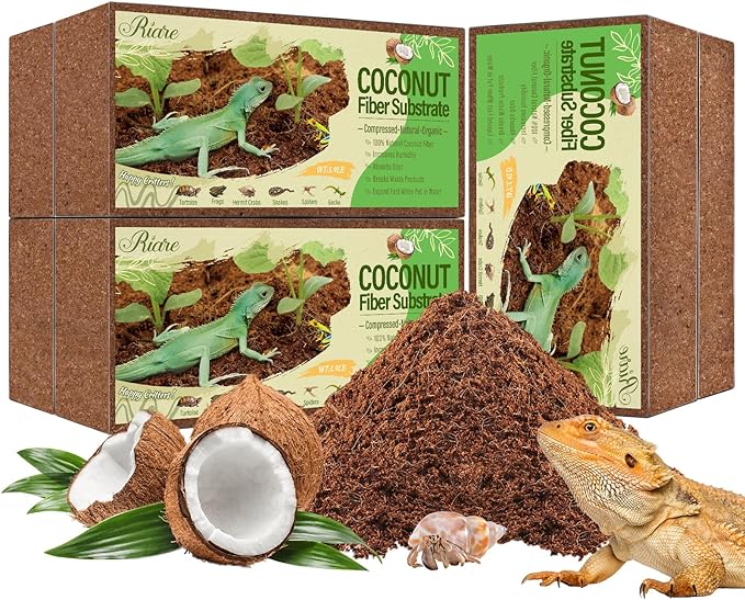 Riare 6 Pack Natural Coconut Fiber Substrate for Reptile- Premium Compressed Coconut Husk Terrarium Bedding for Reptile, Tortoise, Frogs, Snakes Hermit Crabs, Burrowing Animals