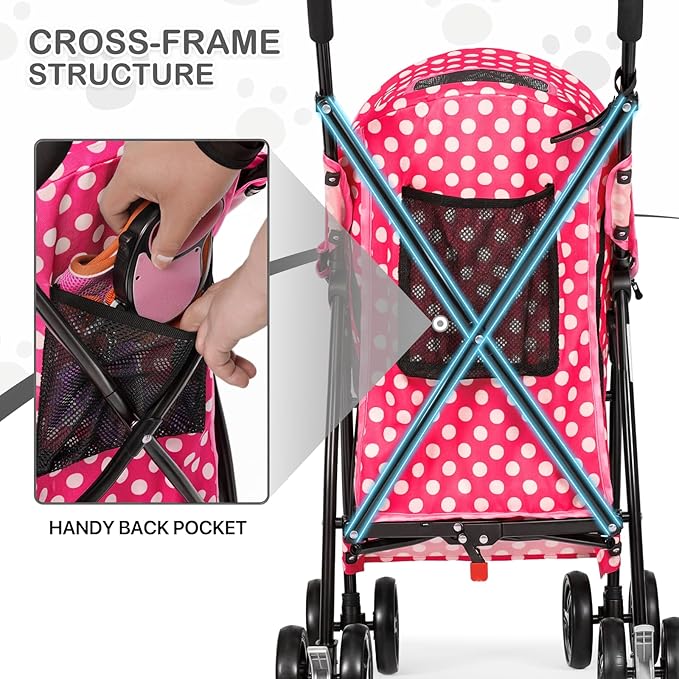 MoNiBloom 4 Wheels Pet Stroller, Easy-Fold Umbrella Shaped Dog Cat Jogger Stroller w/Storage Bag & Visible Mesh for Small/Medium Dogs Cats Hot Pink Polka Dots