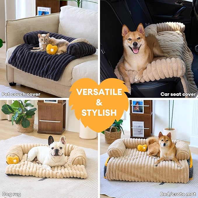 FUNNY FUZZY Pet Couch Cover for Sofa, Calming Dog Bed for Couch, Fluffy Plush Dog Couch Mat for Furniture Protector for Large Medium Small Dogs and Cats, Cream White