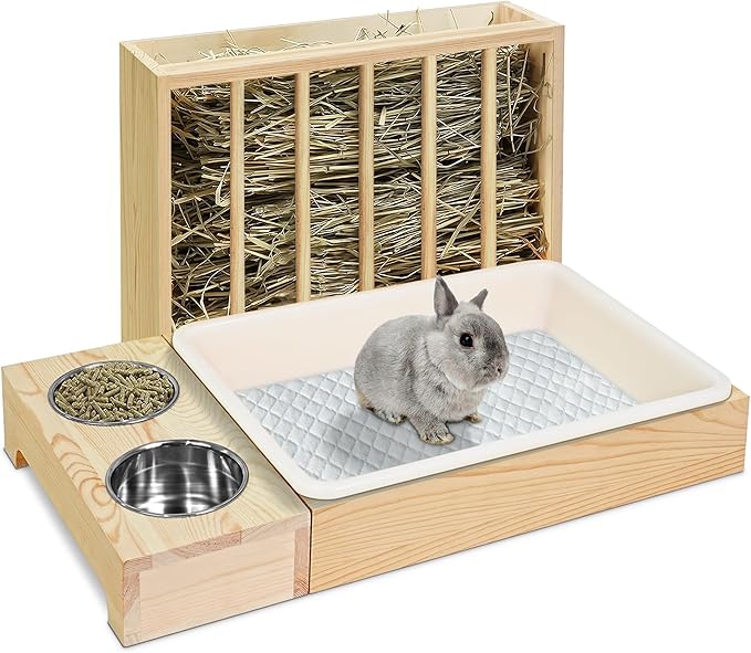 MOBYKE 3 in 1 Rabbit Hay Feeder with Litter Box, Wood, Mess Proof, for Guinea Pig, Chinchillas, Hamster, Dwarf Rabbit