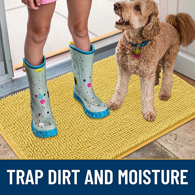 Smiry Dog Door Mat for Muddy Paws 30x20, Absorbs Moisture and Dirt Doormat, Non-Slip Washable Quick Dry Chenille Front Door Mat Indoor Entrance, Entryway Carpet for Inside Floor, Yellow
