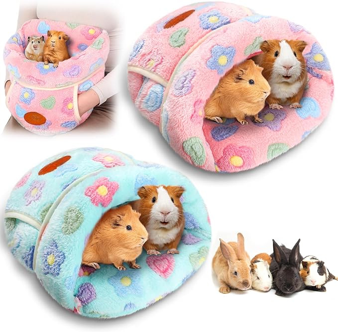 Wenqik 2 Pcs Guinea Pig Bed Cuddle Warm Hideout Small Animal Sack Cozy House Bedding Sleeping Cushion Portable Pet Carrier Cage Nest for Rabbit Hamster Rat (Green, Pink,Flowers)