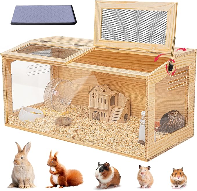 Hamster Cage 32 Inch Wooden Chewproof, 270° View Habitat with Bite-Proof Metal Mesh & Dual Access Doors, Acrylic Sheets & Solid Build for Dwarf Syrian Hamsters/Gerbils/Guinea Pigs/Chinchillas
