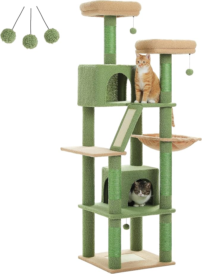 PAWZ Road 70 Inch Cat Tower, Cactus Cat Tree with 2 Cozy Condos, 2 Plush Perch, Large Basket, 2 Scraching Pad & 6 Scraching Posts for Indoor Cats Large Adult
